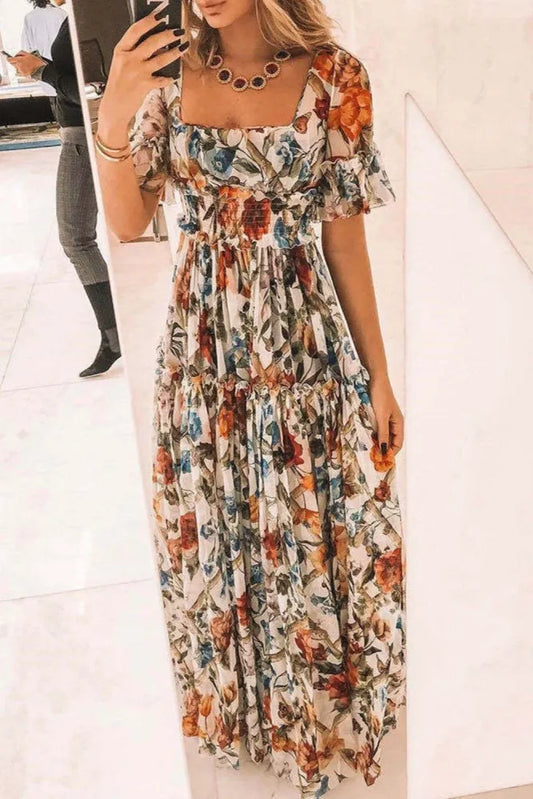 Chantal| Sexy Maxi jurk met korte mouwen en bloemenprint