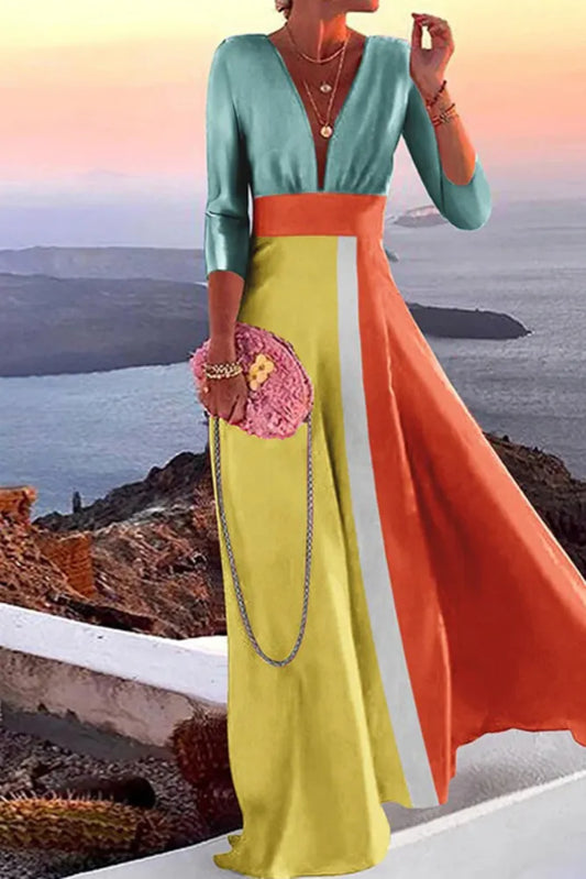 Charlotte| Fashion Diepe V Hals Elegante Gedrukte Patchwork Casual Maxi Dress