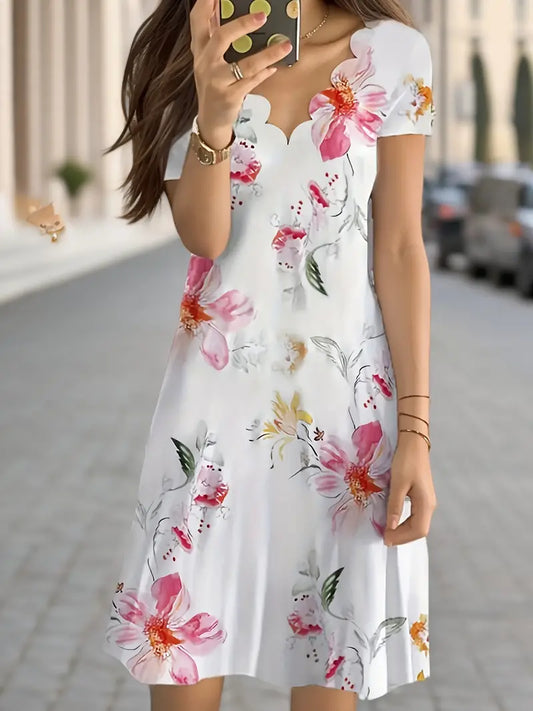 Mirelle® | Elegante knielange jurk met bloemenprint en V-halslijn
